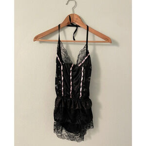 Vintage Womens Corset Bustier Small Black Lace Sheer Ruffle Open Back Y2K FLAW